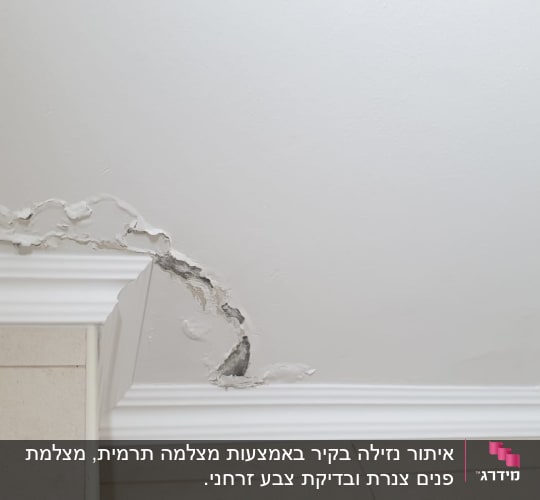 נזקי רטיבות בתקרה עם קילופי צבע
